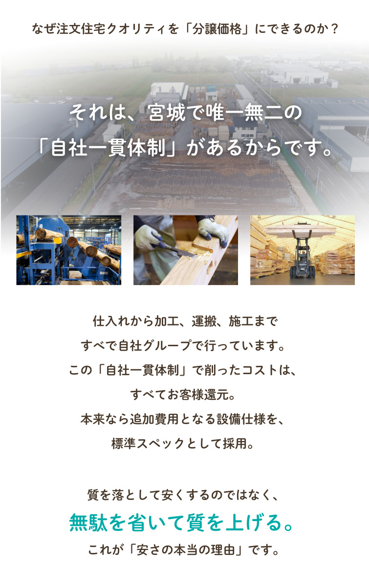 なぜ「注文住宅クオリティ」を「分譲価格」にできるのか？それは、宮城で唯一無二の「自社一貫体制」があるからです。仕入れから加工、運搬、施工まですべて自社グループで行っています。この「自社一貫体制」で削ったコストは、すべてお客様へ還元。本来なら追加費用となる設備仕様を、標準スペックとして採用。質を落として安くするのではなく、無駄を省いて質を上げる。これが「安さの本当の理由」です。