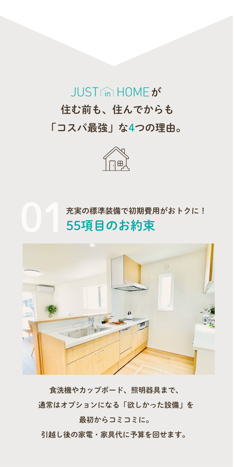 JUST in HOMEが住む前も、住んでからも「コスパ最強」な4つの理由。1.充実の標準装備で初期費用がおトクに！55項目のお約束！食洗機やカップボード、照明器具まで、通常はオプションになる「欲しかった設備」を最初からコミコミに。引き渡し後の家電・家具代に予算を回せます。
